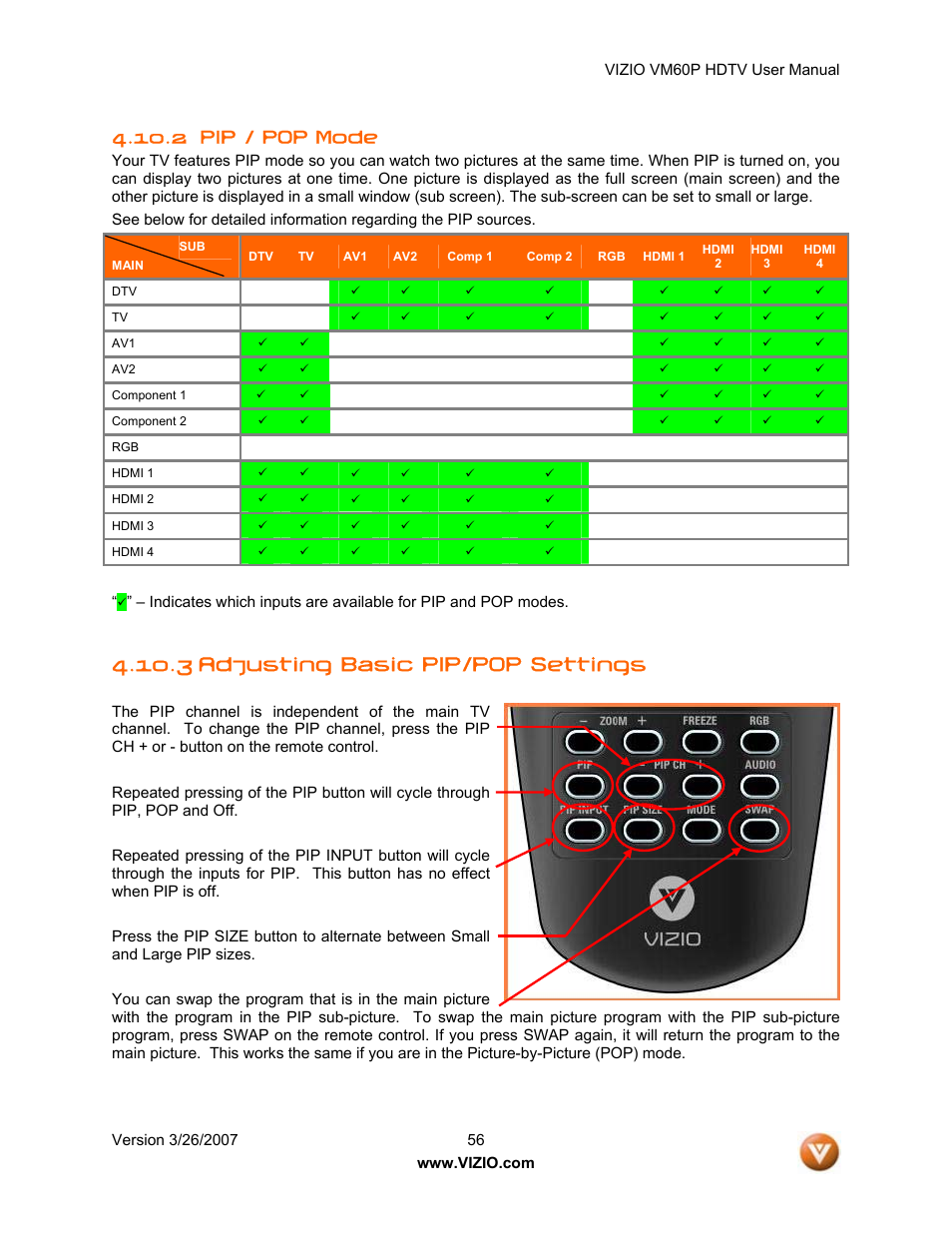 3 adjusting basic pip/pop settings, 2 pip / pop mode | Vizio VM60P User Manual | Page 56 / 75