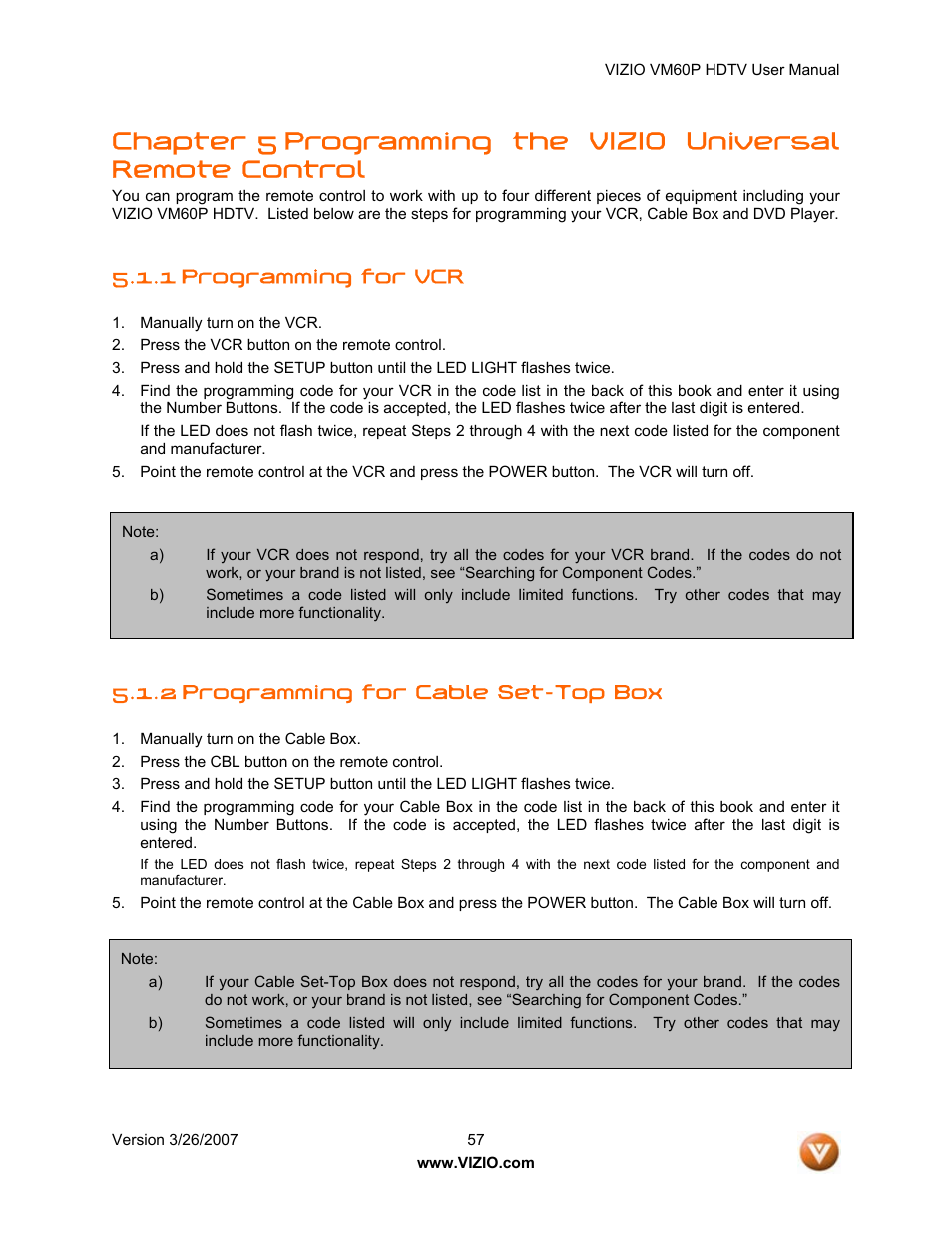 1 programming for vcr, 2 programming for cable set-top box | Vizio VM60P User Manual | Page 57 / 75