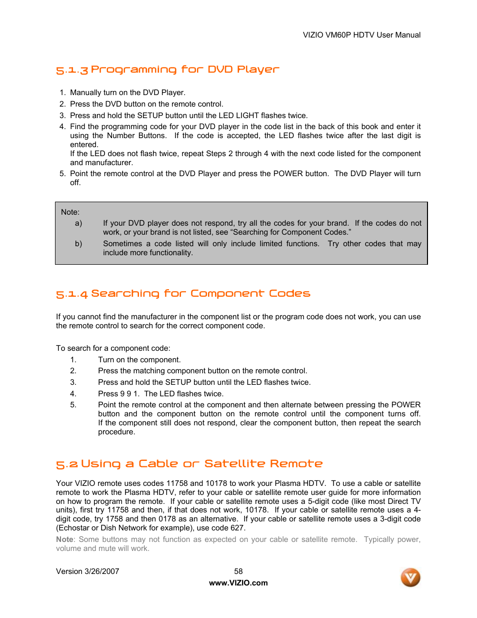 2 using a cable or satellite remote, 3 programming for dvd player, 4 searching for component codes | Vizio VM60P User Manual | Page 58 / 75