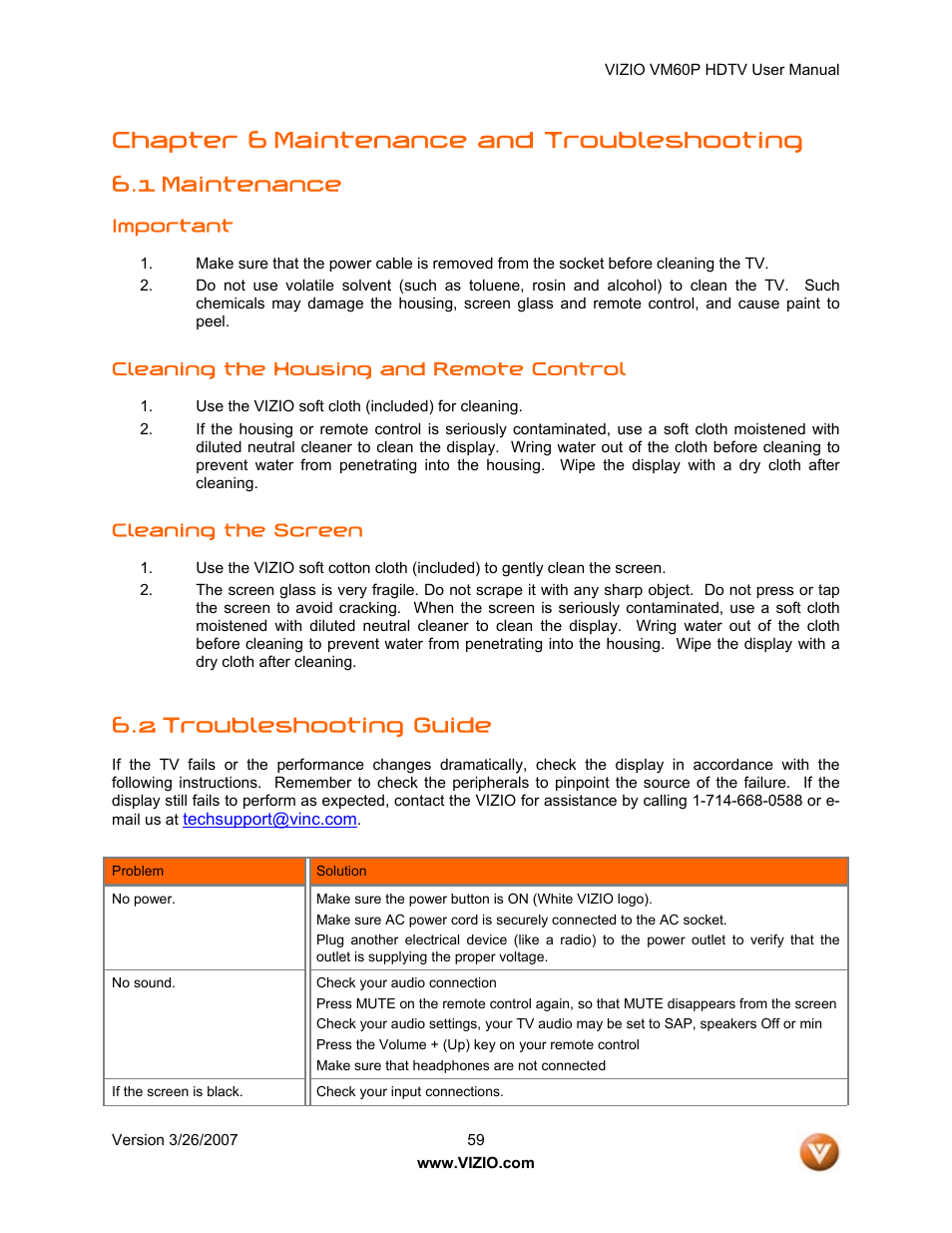 Chapter 6 maintenance and troubleshooting, 1 maintenance, 2 troubleshooting guide | Vizio VM60P User Manual | Page 59 / 75