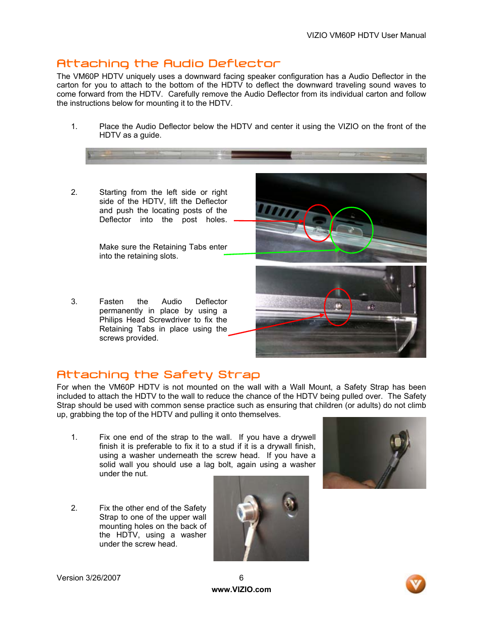 Attaching the audio deflector, Attaching the safety strap | Vizio VM60P User Manual | Page 6 / 75