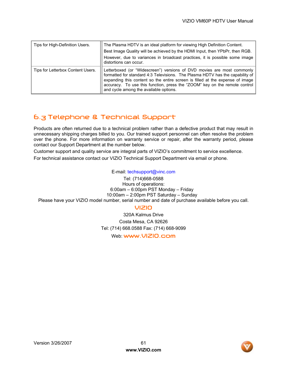3 telephone & technical support | Vizio VM60P User Manual | Page 61 / 75