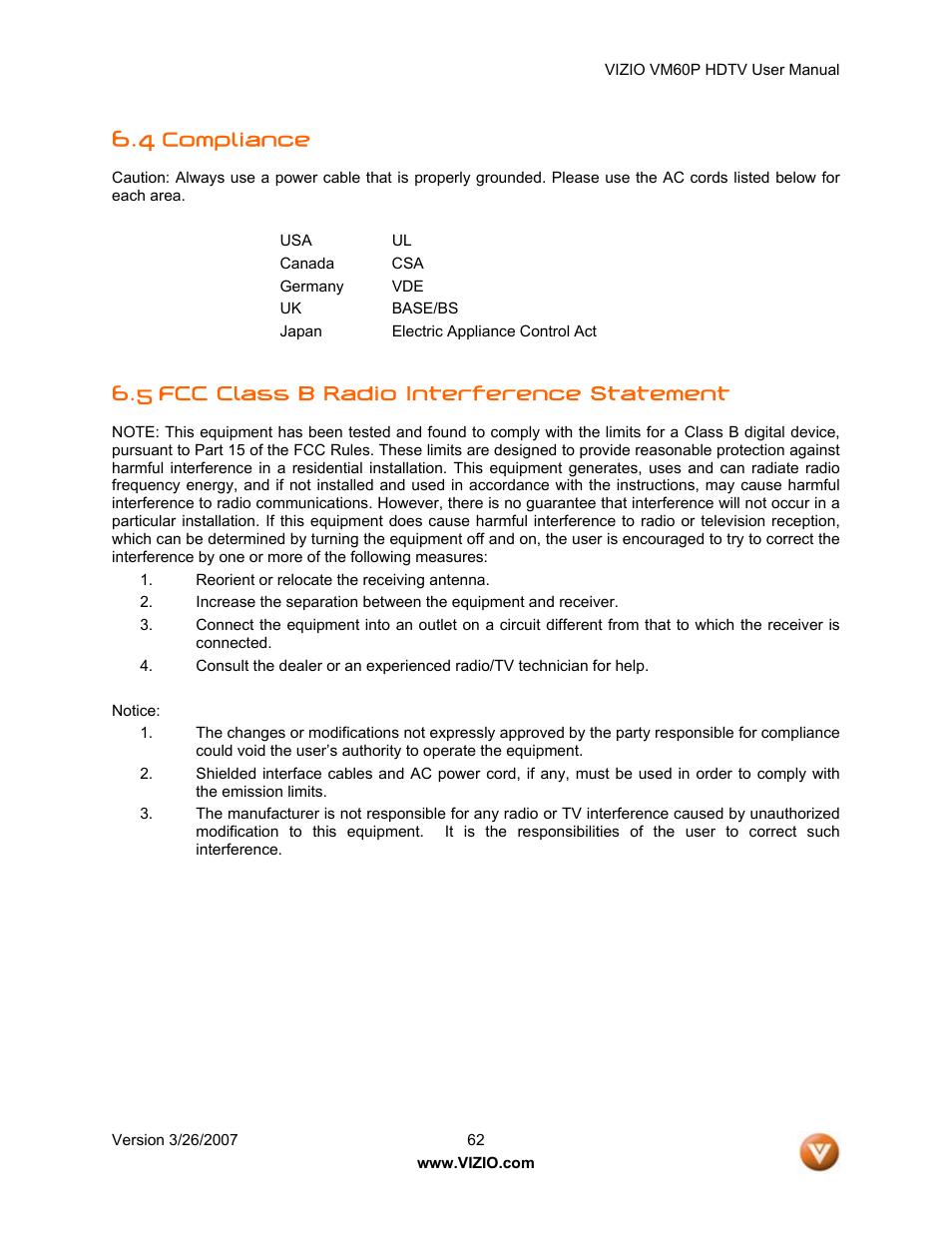 Compliance, 5 fcc class b radio interference statement | Vizio VM60P User Manual | Page 62 / 75