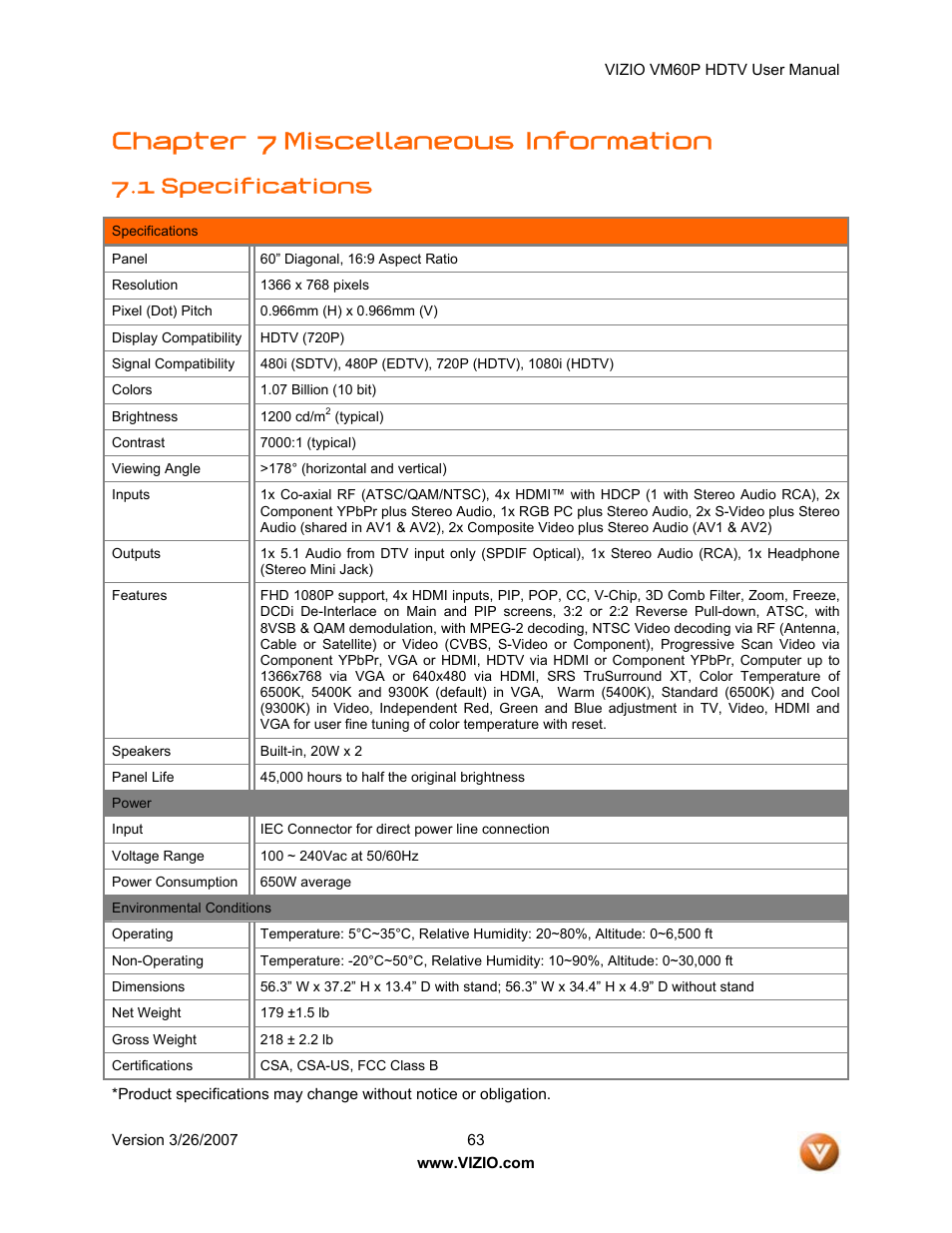 Chapter 7 miscellaneous information, 1 specifications | Vizio VM60P User Manual | Page 63 / 75