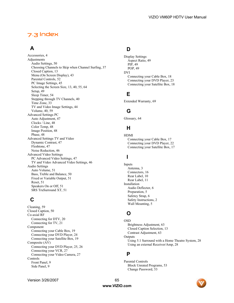 3 index a | Vizio VM60P User Manual | Page 65 / 75