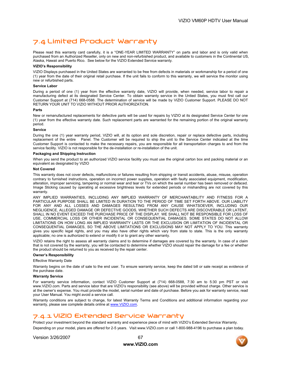 4 limited product warranty, 1 vizio extended service warranty | Vizio VM60P User Manual | Page 67 / 75