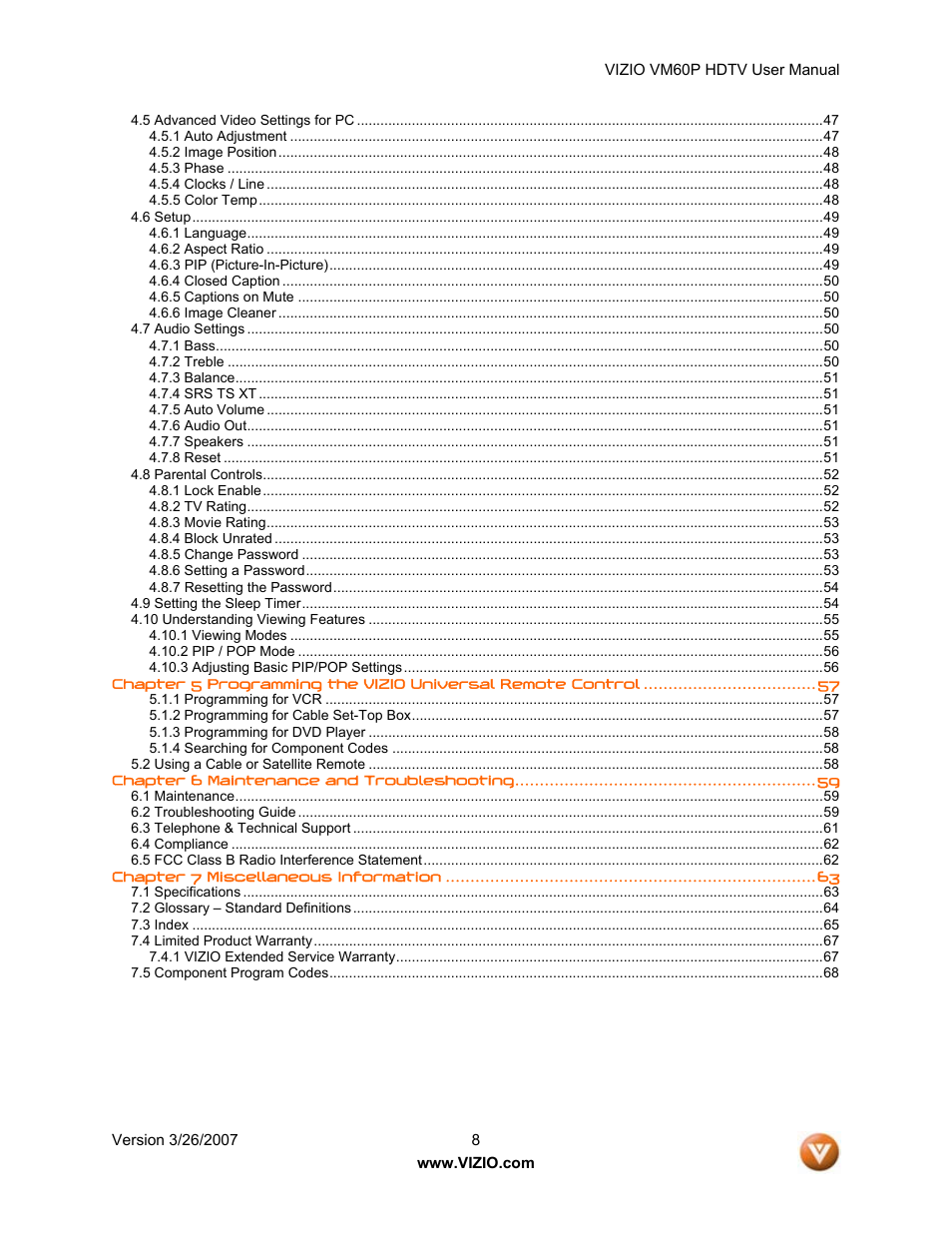 Vizio VM60P User Manual | Page 8 / 75