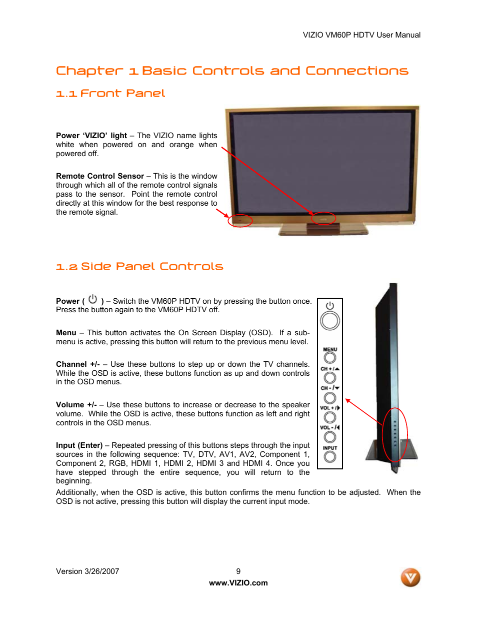 Chapter 1 basic controls and connections | Vizio VM60P User Manual | Page 9 / 75