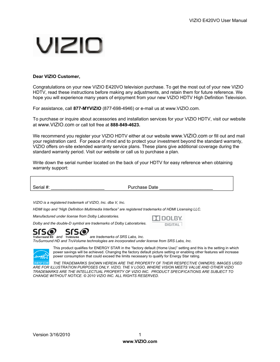 Vizio E420VO User Manual | 52 pages