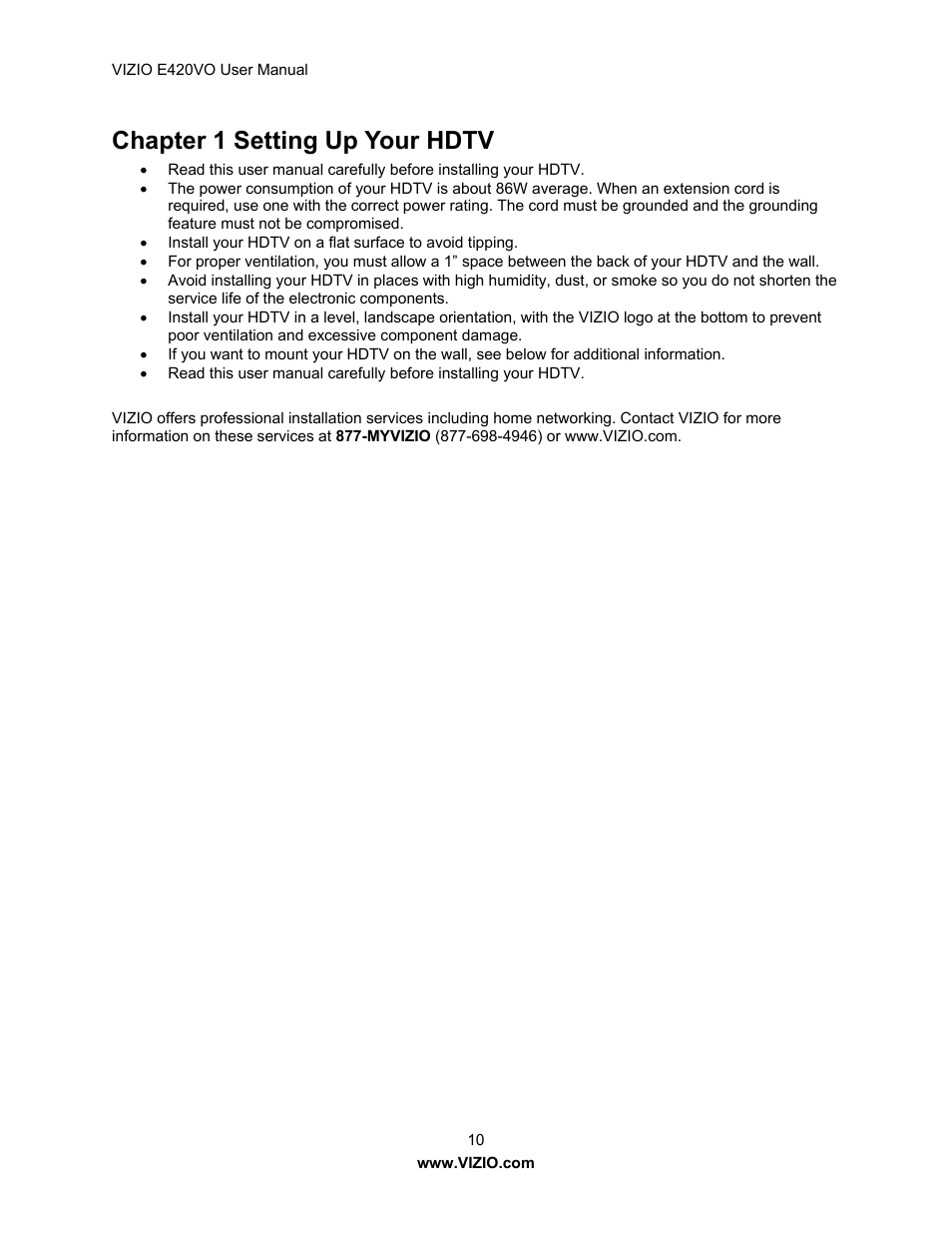 Chapter 1 setting up your hdtv | Vizio E420VO User Manual | Page 10 / 52