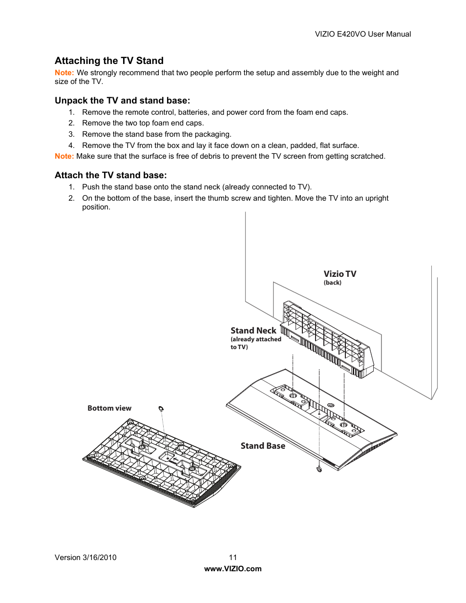 Attaching the tv stand | Vizio E420VO User Manual | Page 11 / 52