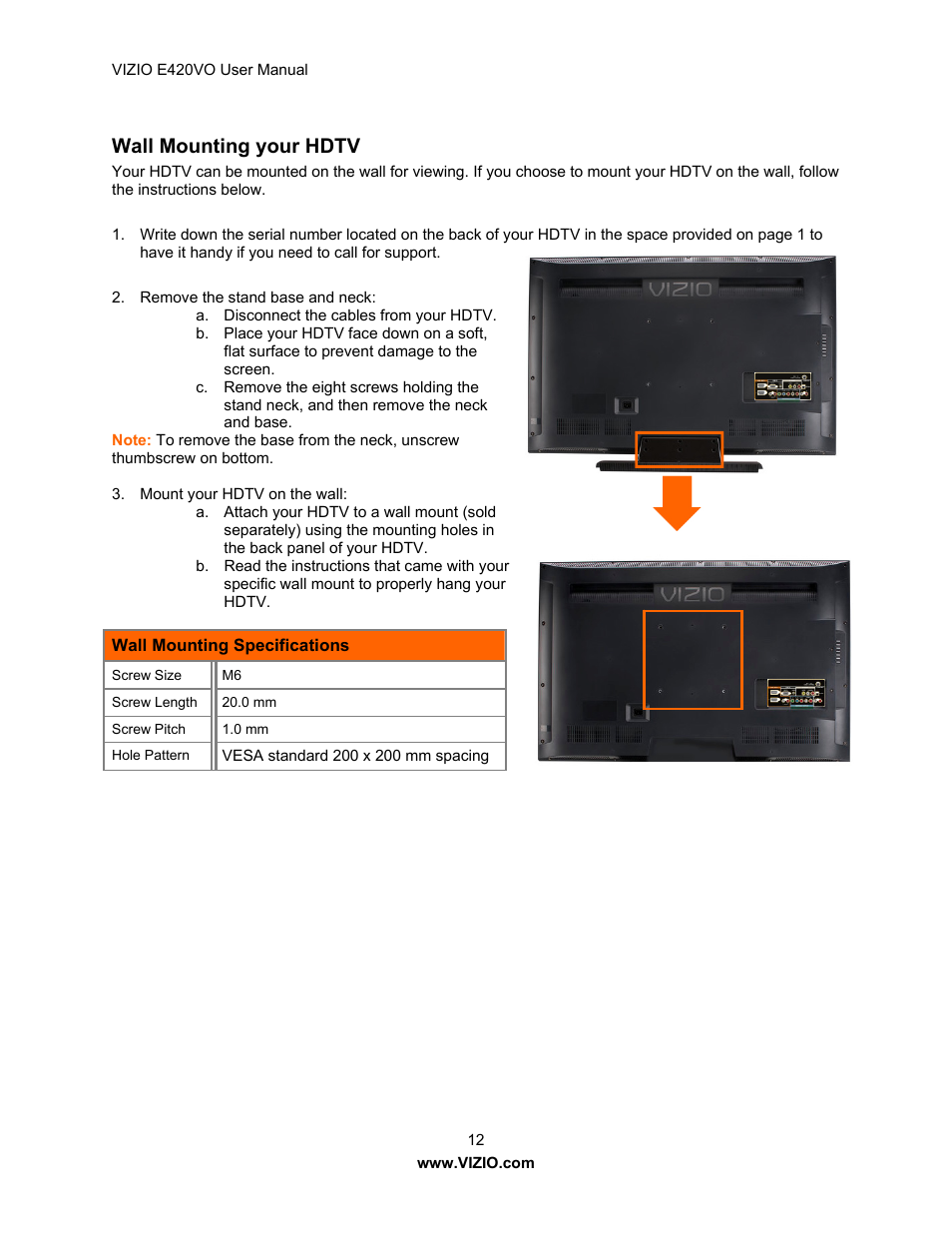Wall mounting your hdtv | Vizio E420VO User Manual | Page 12 / 52