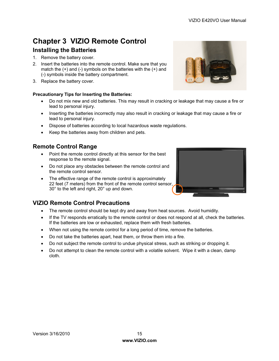 Chapter 3 vizio remote control, Installing the batteries, Remote control range | Vizio remote control precautions | Vizio E420VO User Manual | Page 15 / 52
