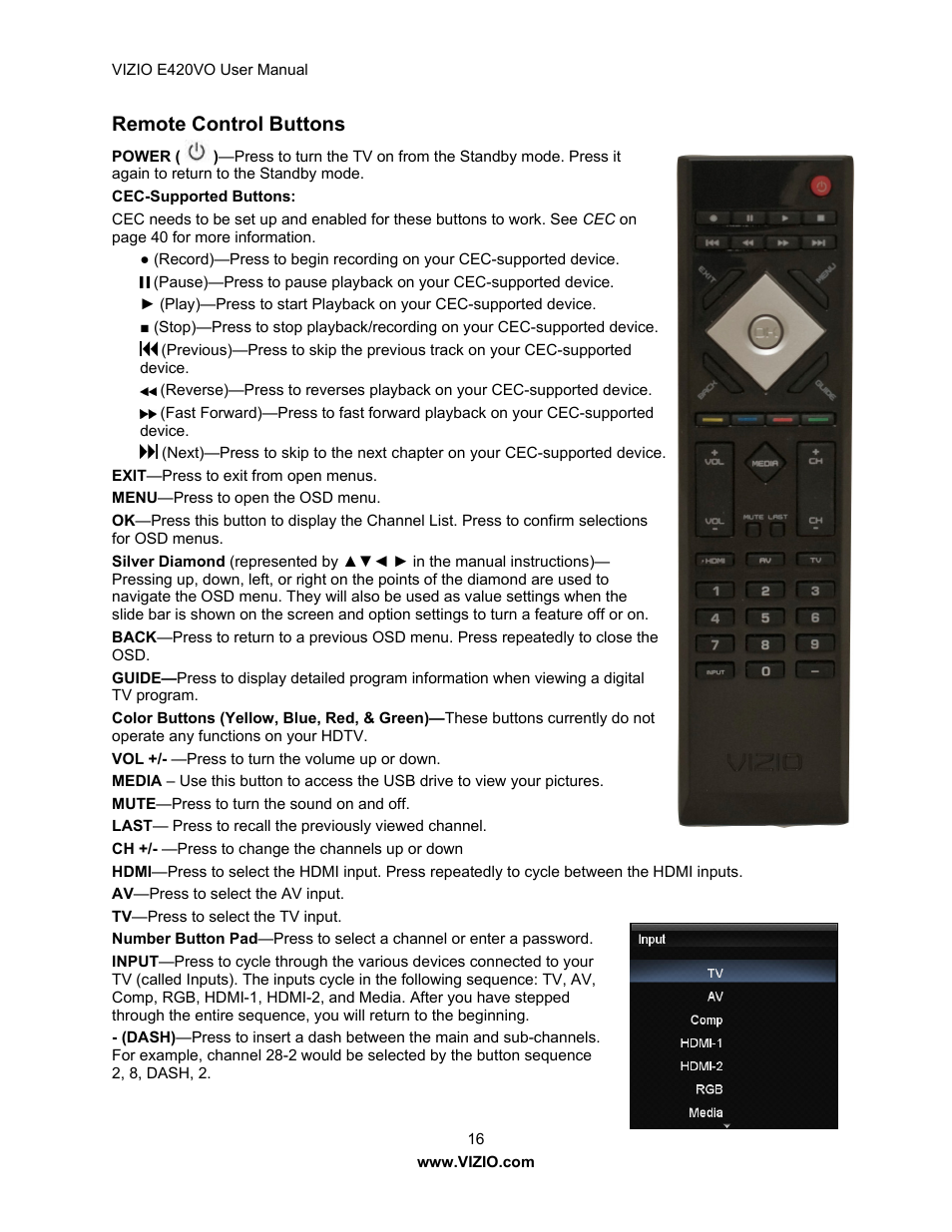 Remote control buttons | Vizio E420VO User Manual | Page 16 / 52