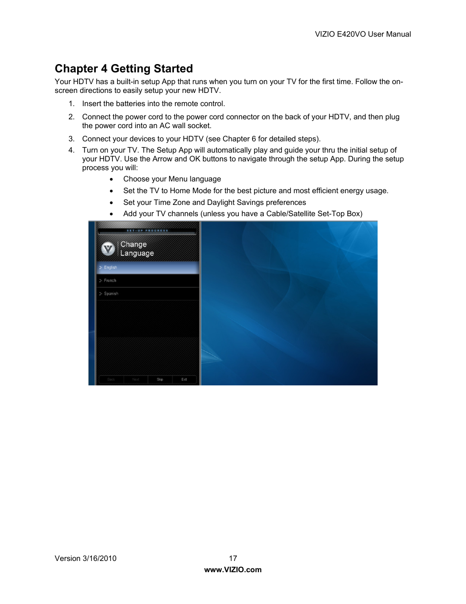 Chapter 4 getting started | Vizio E420VO User Manual | Page 17 / 52