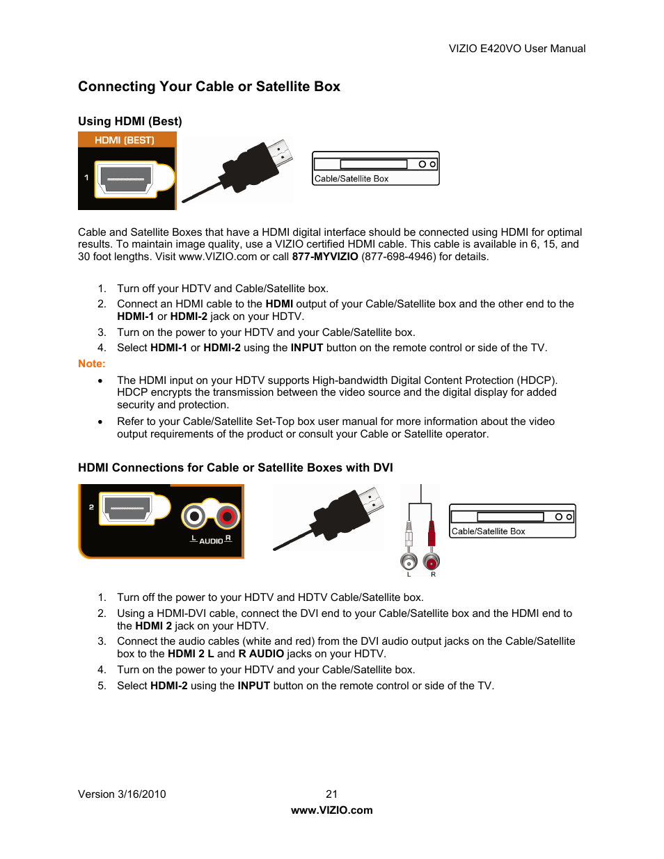 Connecting your cable or satellite box | Vizio E420VO User Manual | Page 21 / 52