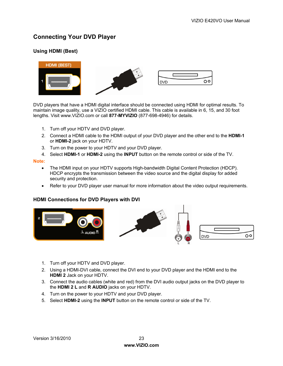 Connecting your dvd player | Vizio E420VO User Manual | Page 23 / 52