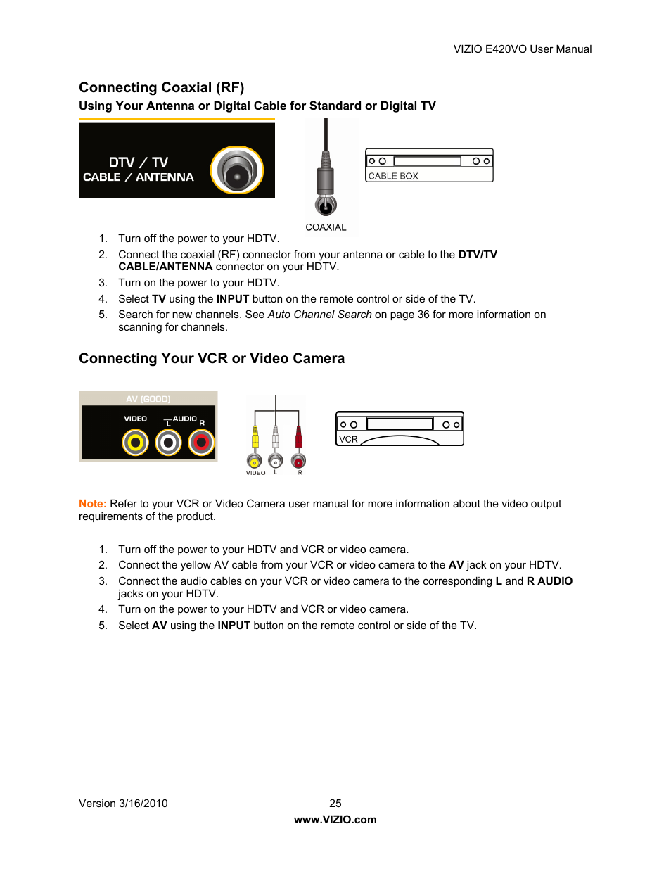 Connecting coaxial (rf), Connecting your vcr or video camera | Vizio E420VO User Manual | Page 25 / 52