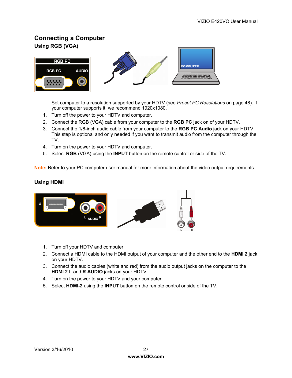 Connecting a computer | Vizio E420VO User Manual | Page 27 / 52