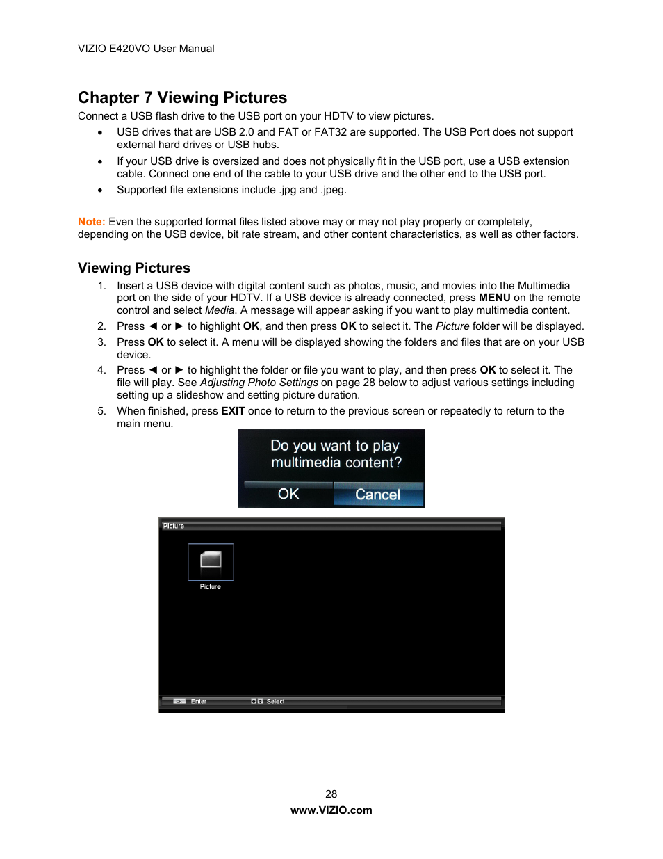 Chapter 7 viewing pictures, Viewing pictures | Vizio E420VO User Manual | Page 28 / 52