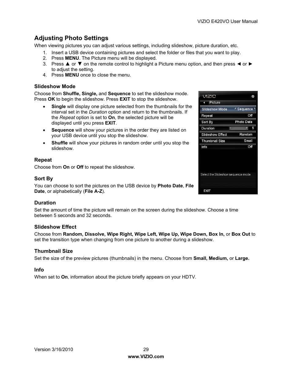 Adjusting photo settings | Vizio E420VO User Manual | Page 29 / 52