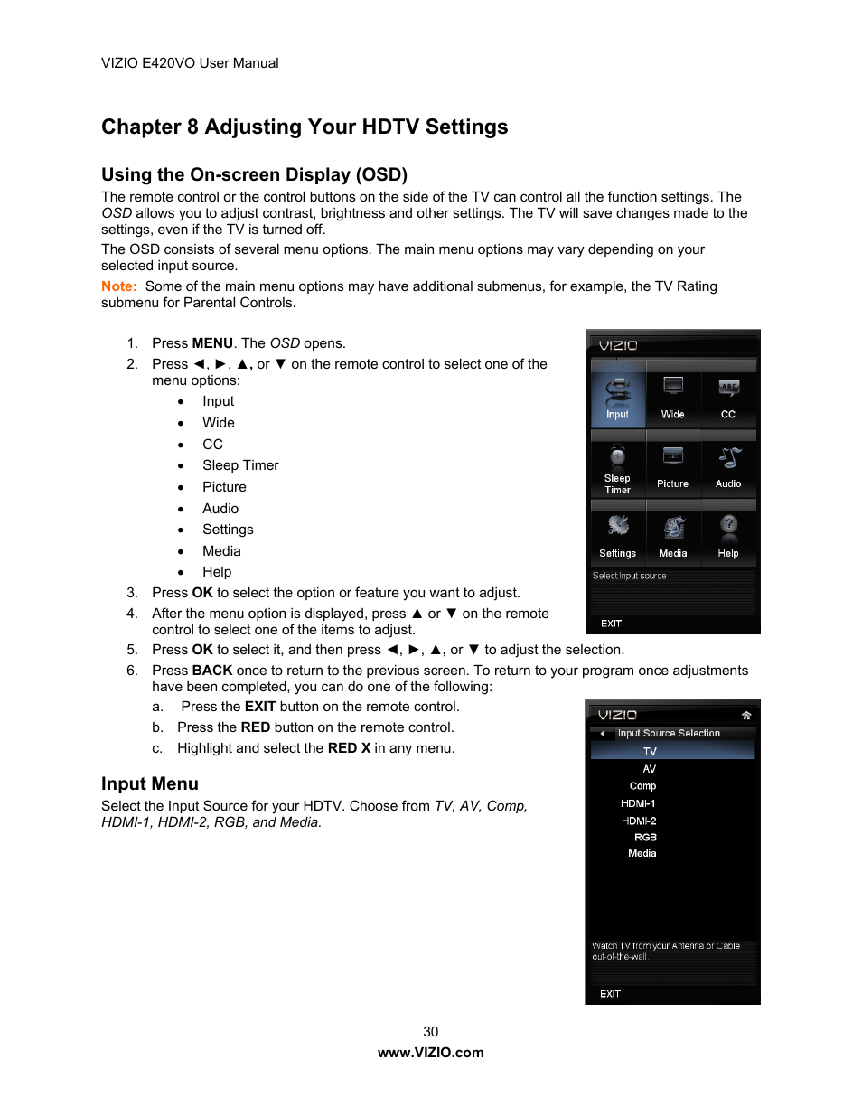 Chapter 8 adjusting your hdtv settings, Using the on-screen display (osd), Input menu | Vizio E420VO User Manual | Page 30 / 52