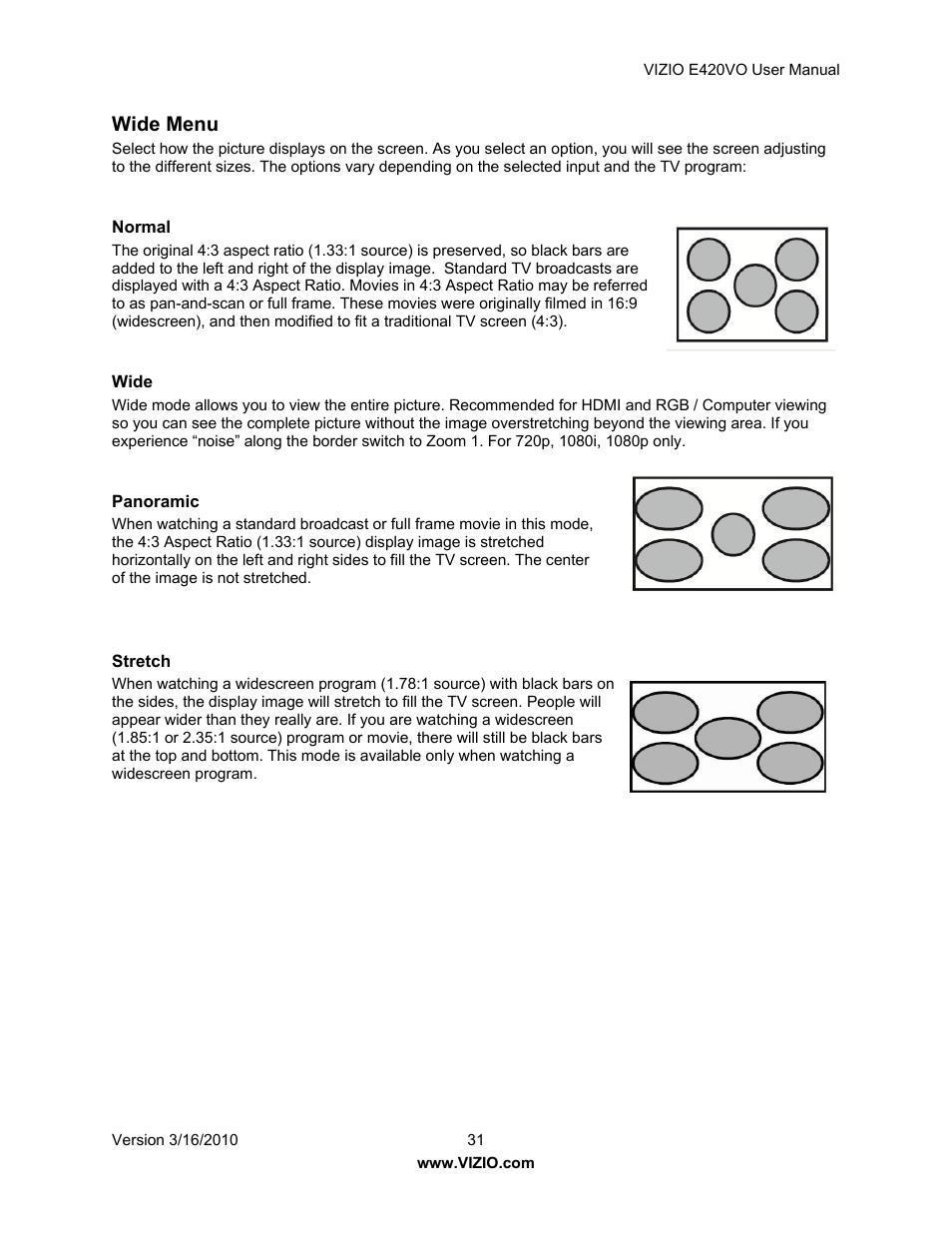 Wide menu | Vizio E420VO User Manual | Page 31 / 52