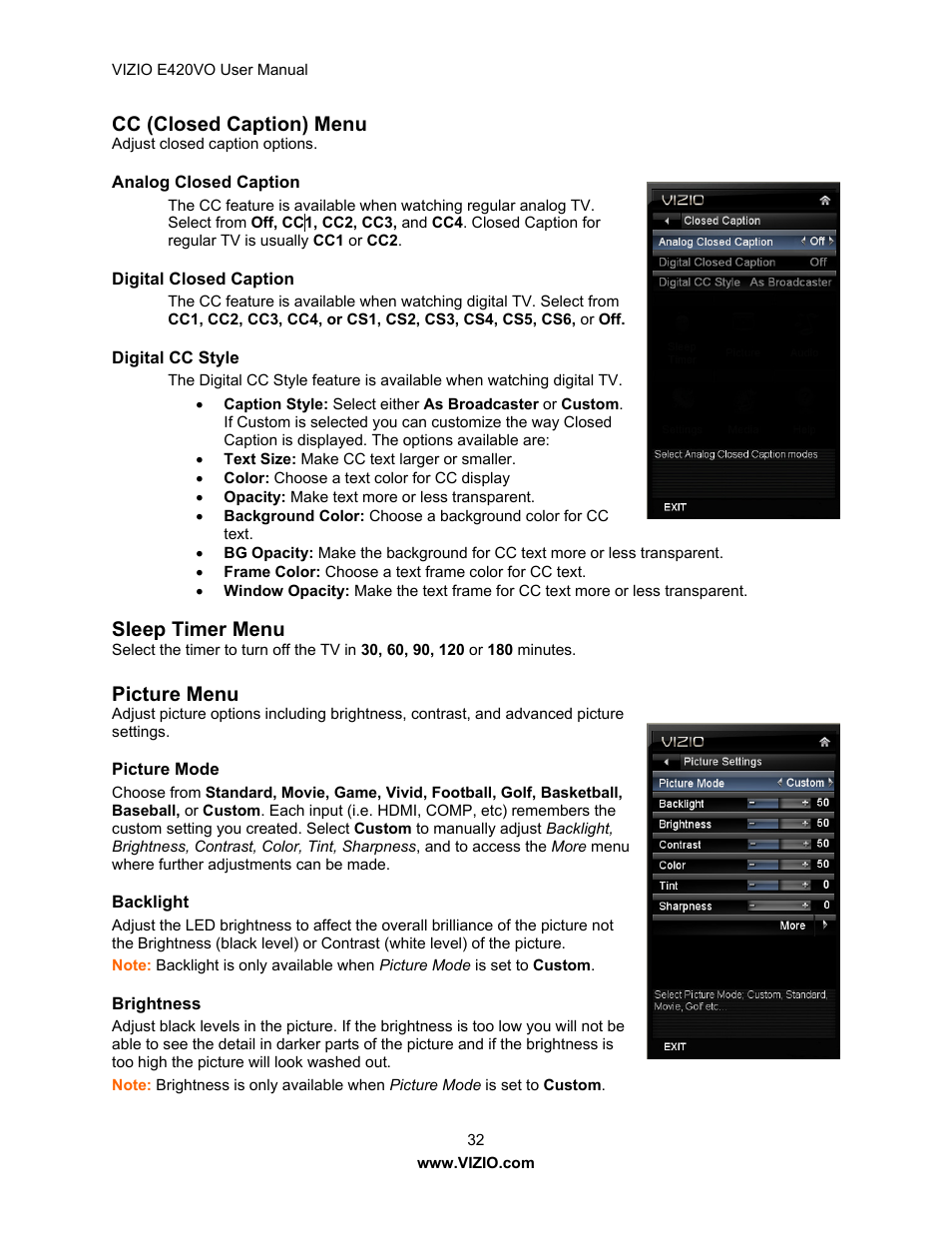 Cc (closed caption) menu, Sleep timer menu, Picture menu | Vizio E420VO User Manual | Page 32 / 52