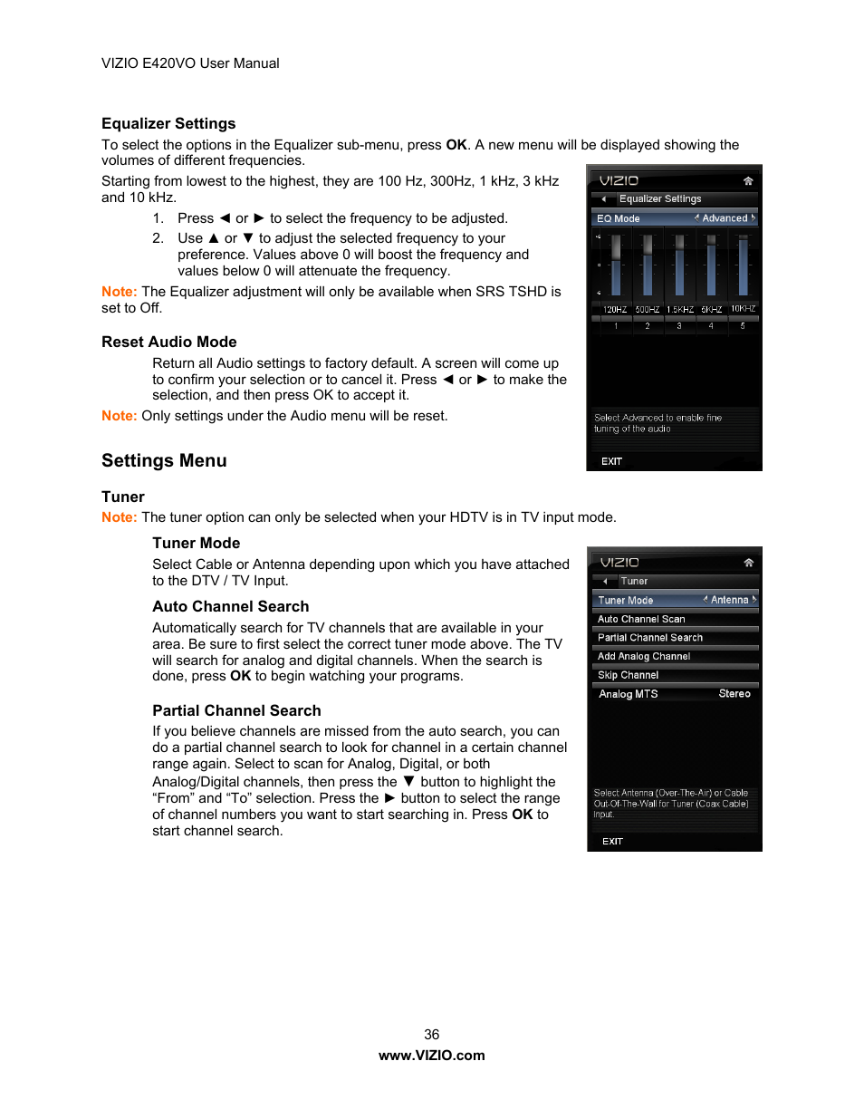 Settings menu | Vizio E420VO User Manual | Page 36 / 52