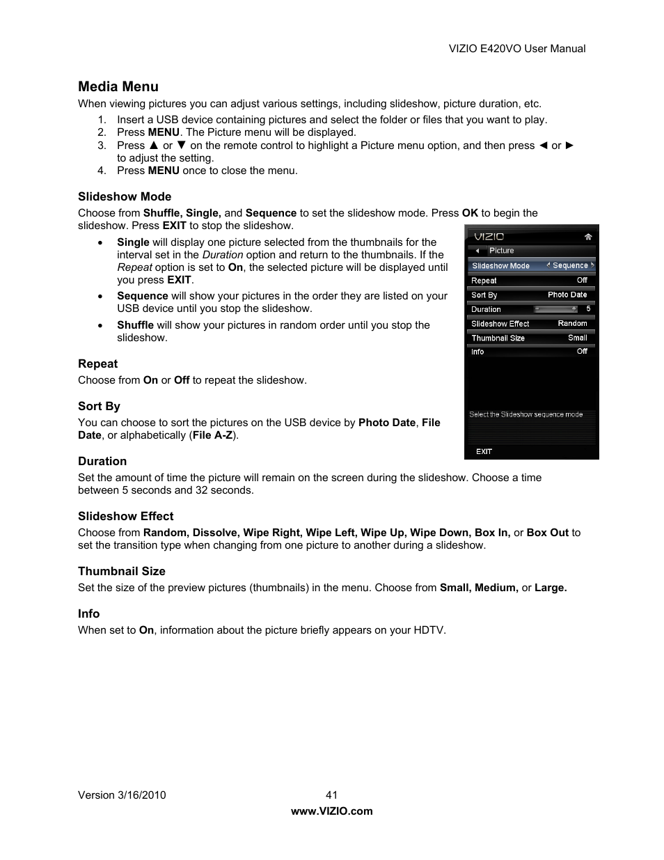 Media menu | Vizio E420VO User Manual | Page 41 / 52