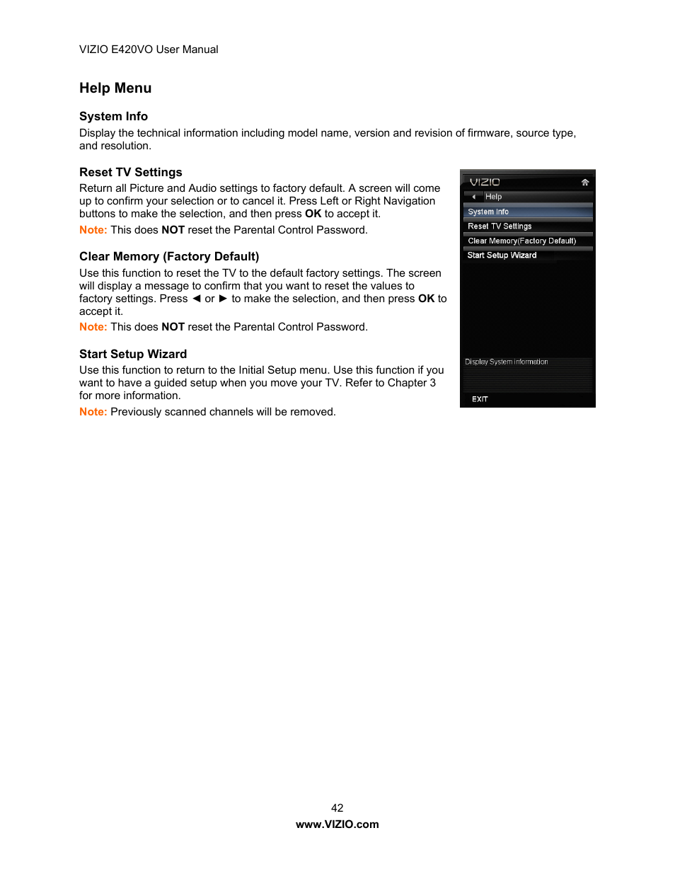 Help menu | Vizio E420VO User Manual | Page 42 / 52