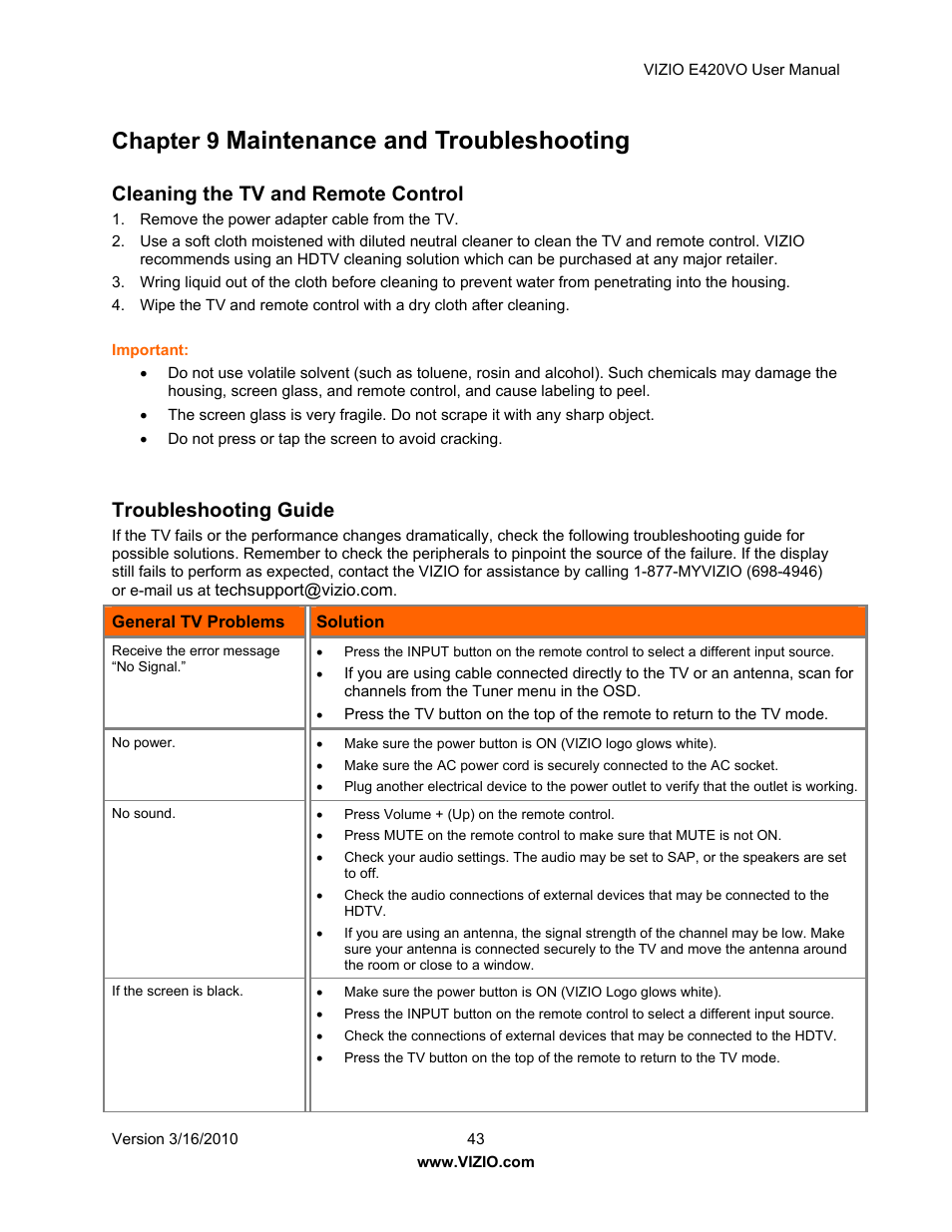 Maintenance and troubleshooting, Chapter 9, Cleaning the tv and remote control | Troubleshooting guide | Vizio E420VO User Manual | Page 43 / 52
