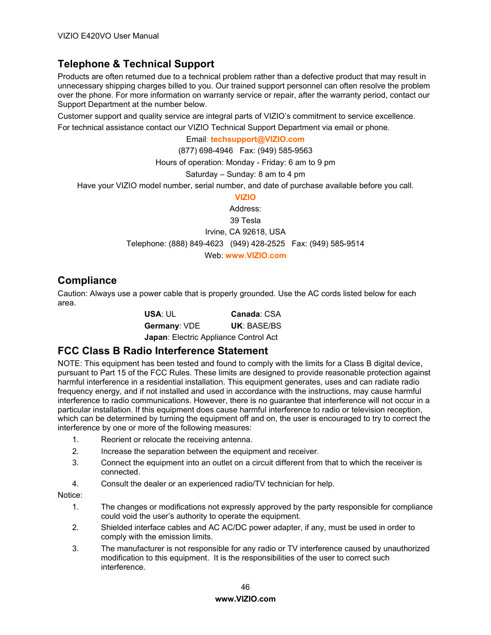 Telephone & technical support, Compliance, Fcc class b radio interference statement | Vizio E420VO User Manual | Page 46 / 52