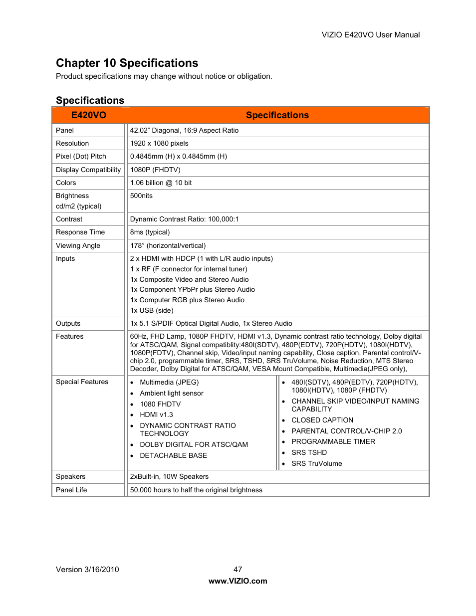 Chapter 10 specifications, Specifications, E420vo | Vizio E420VO User Manual | Page 47 / 52