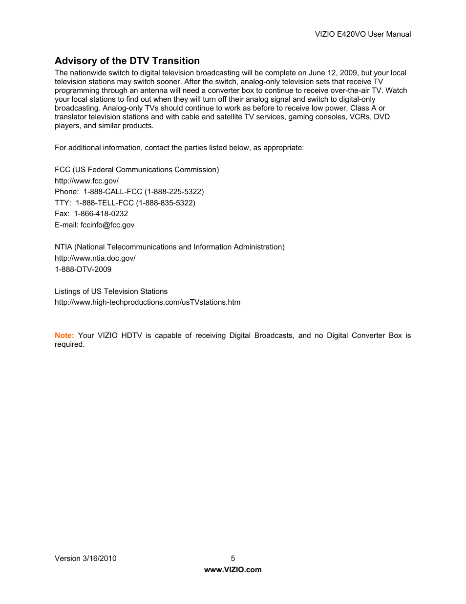 Advisory of the dtv transition | Vizio E420VO User Manual | Page 5 / 52