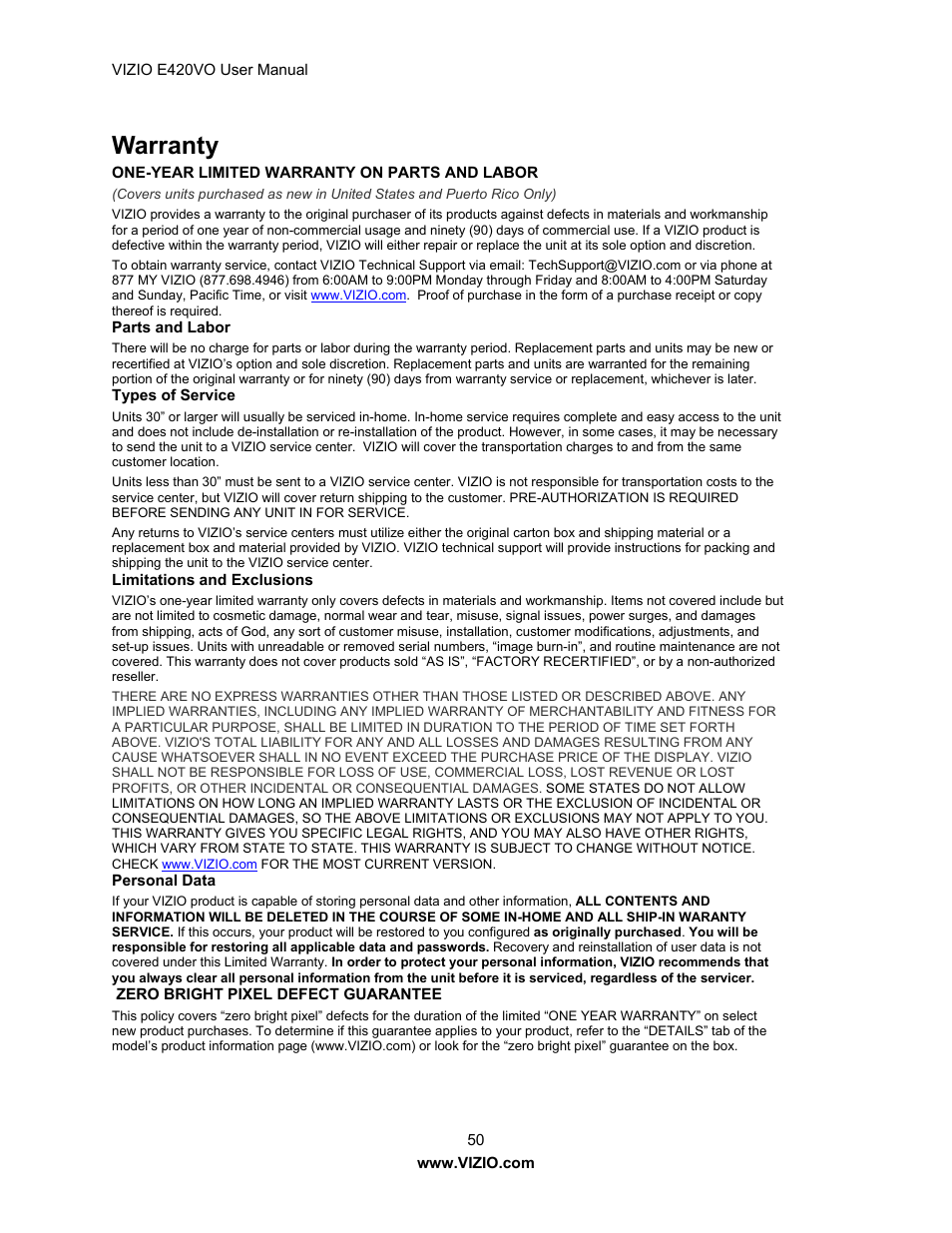 Warranty | Vizio E420VO User Manual | Page 50 / 52