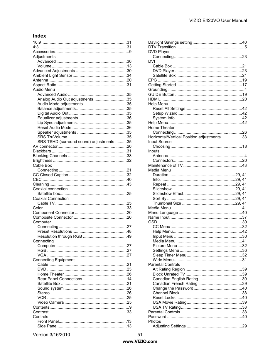 Vizio E420VO User Manual | Page 51 / 52