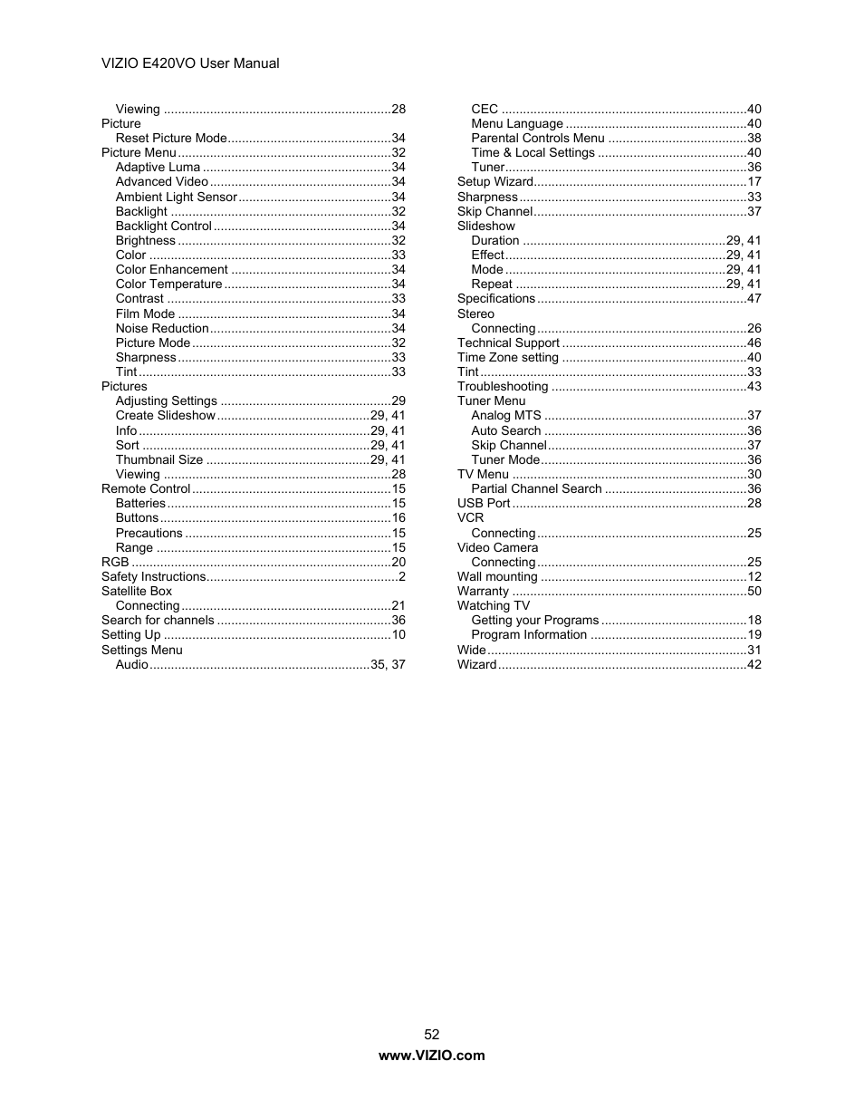 Vizio E420VO User Manual | Page 52 / 52