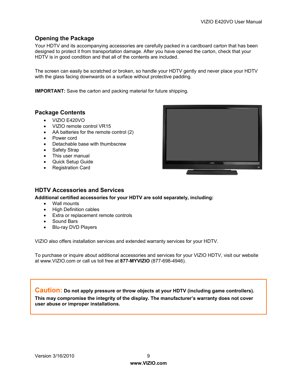 Caution | Vizio E420VO User Manual | Page 9 / 52