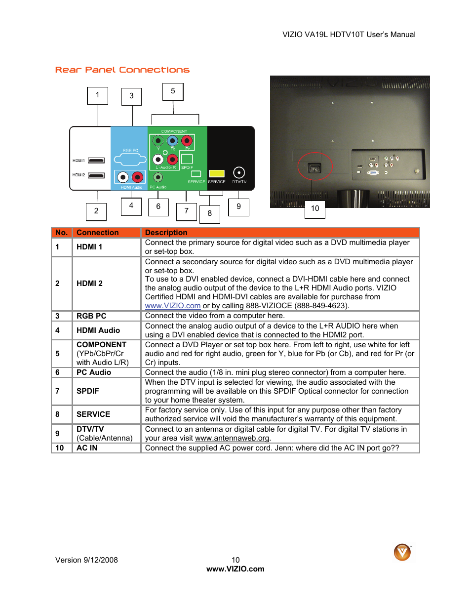 Vizio VA19L HDTV10T User Manual | Page 10 / 52