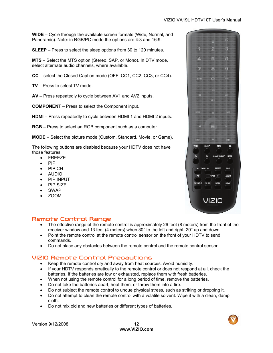 Vizio VA19L HDTV10T User Manual | Page 12 / 52