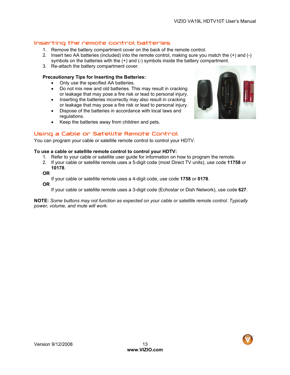Vizio VA19L HDTV10T User Manual | Page 13 / 52