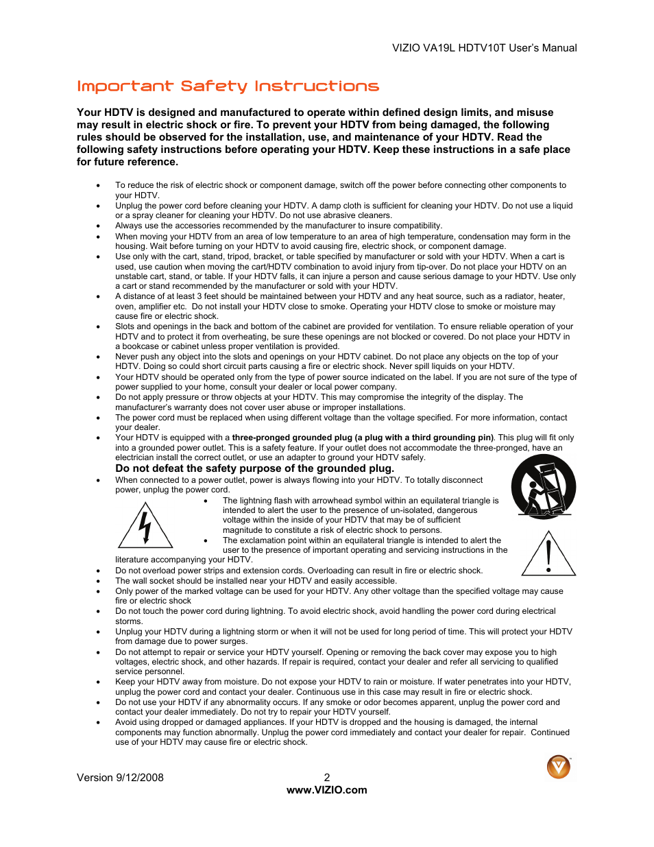 Important safety instructions | Vizio VA19L HDTV10T User Manual | Page 2 / 52