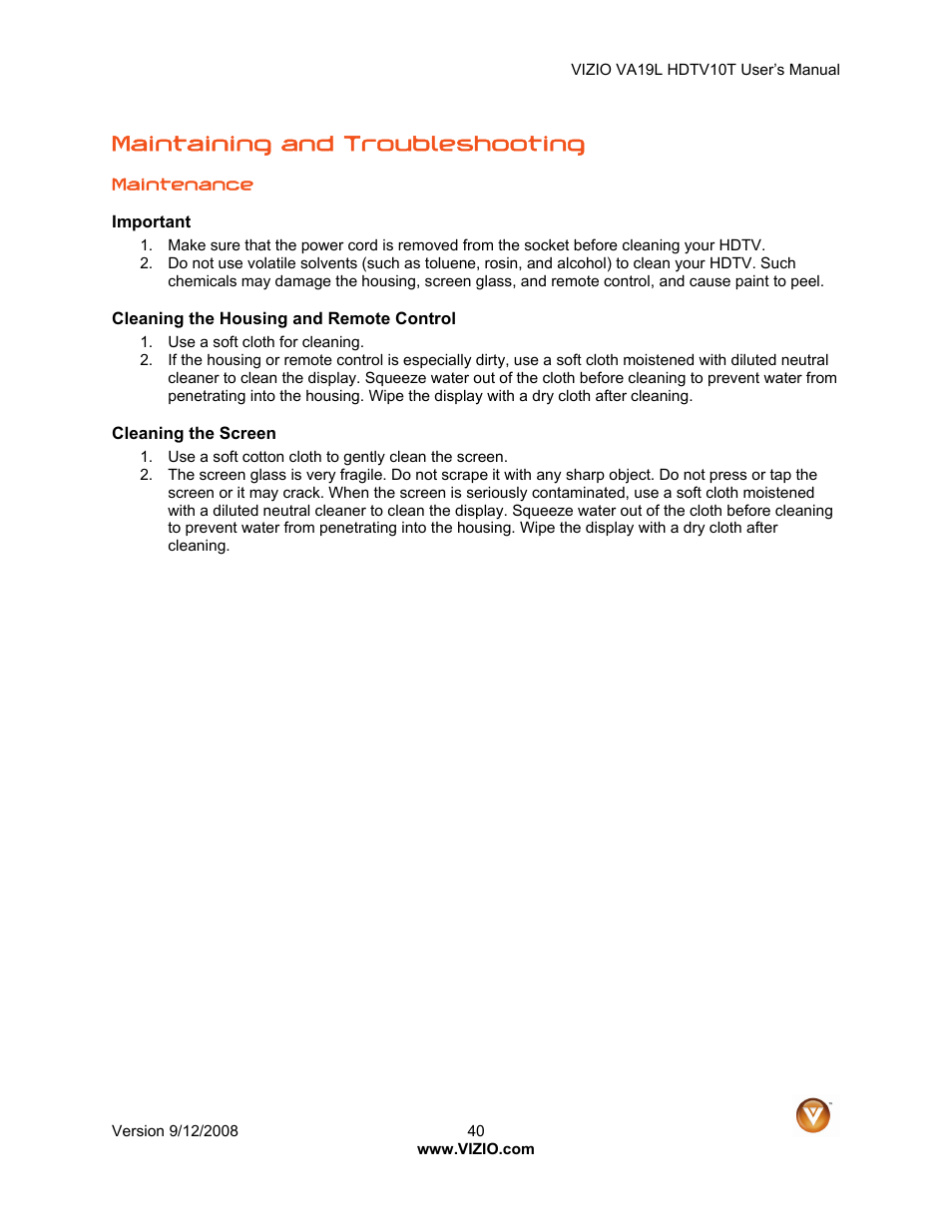 Maintaining and troubleshooting | Vizio VA19L HDTV10T User Manual | Page 40 / 52