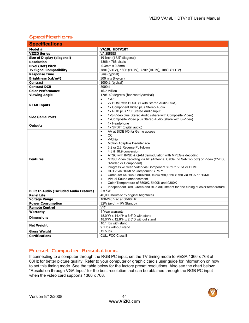 Specifications, Preset computer resolutions | Vizio VA19L HDTV10T User Manual | Page 44 / 52