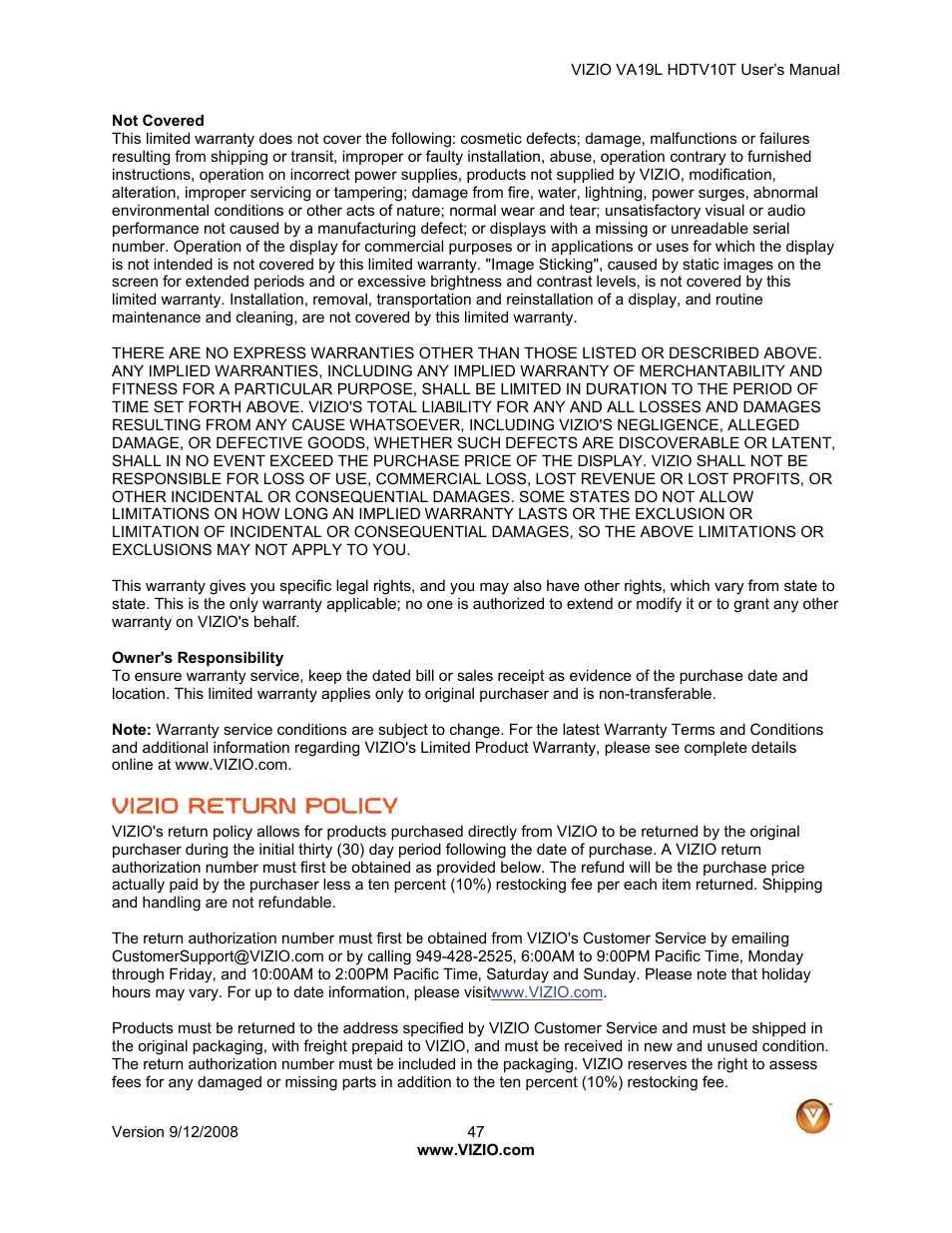 Vizio return policy | Vizio VA19L HDTV10T User Manual | Page 47 / 52