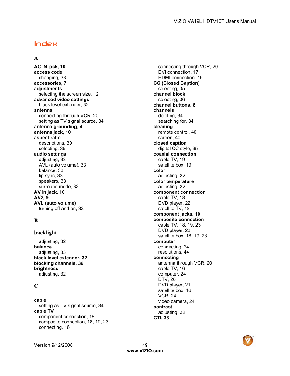 Index | Vizio VA19L HDTV10T User Manual | Page 49 / 52