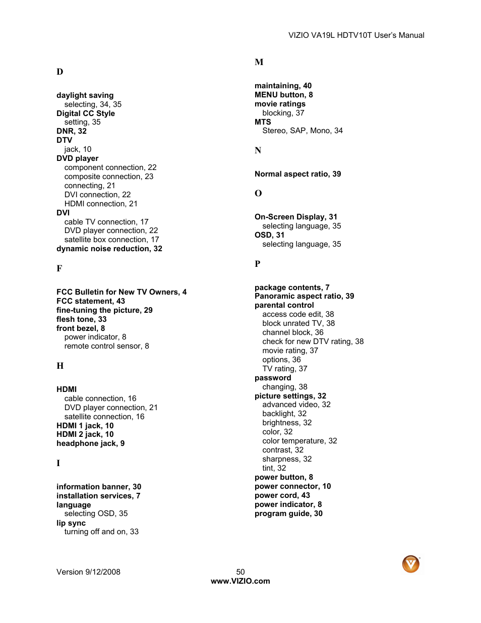 Vizio VA19L HDTV10T User Manual | Page 50 / 52
