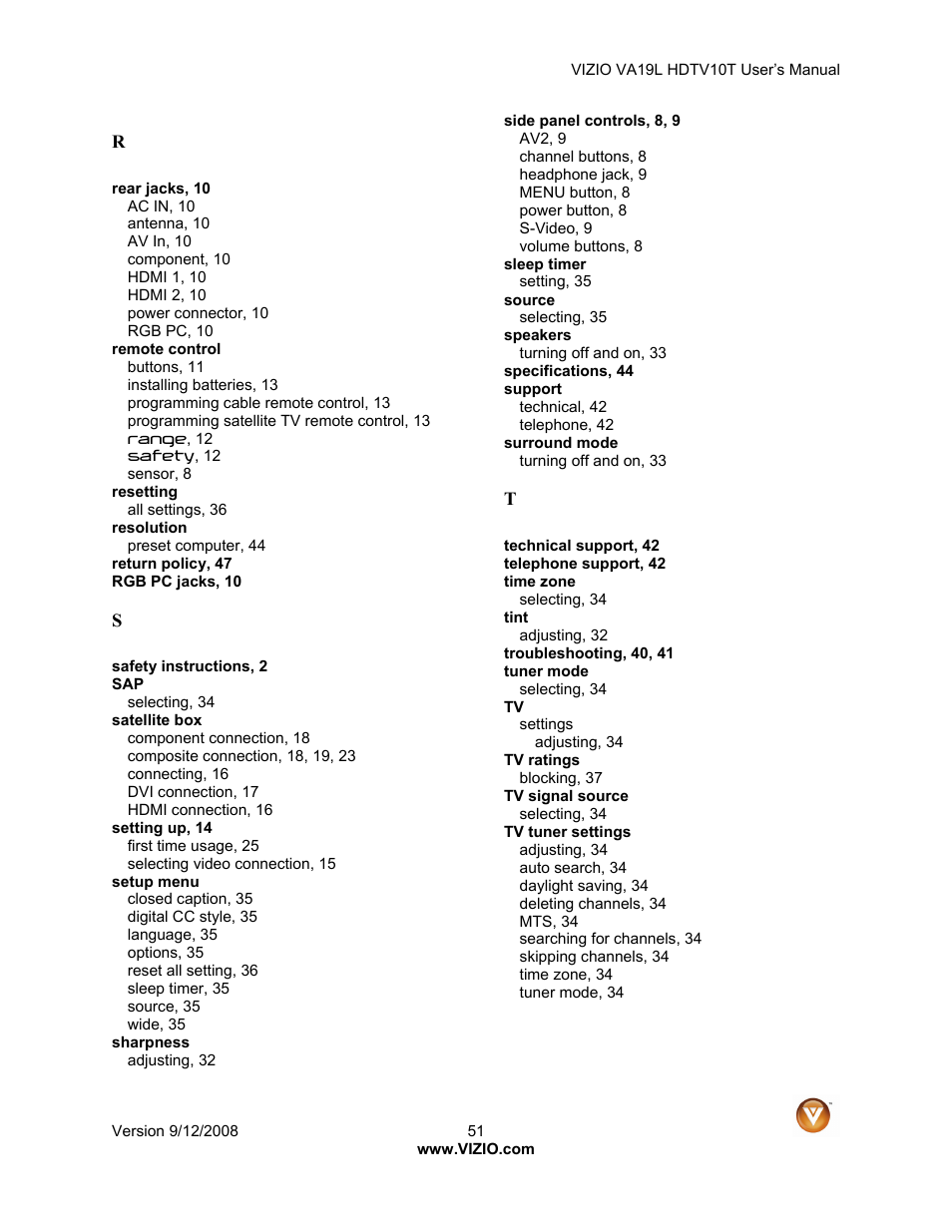 Vizio VA19L HDTV10T User Manual | Page 51 / 52