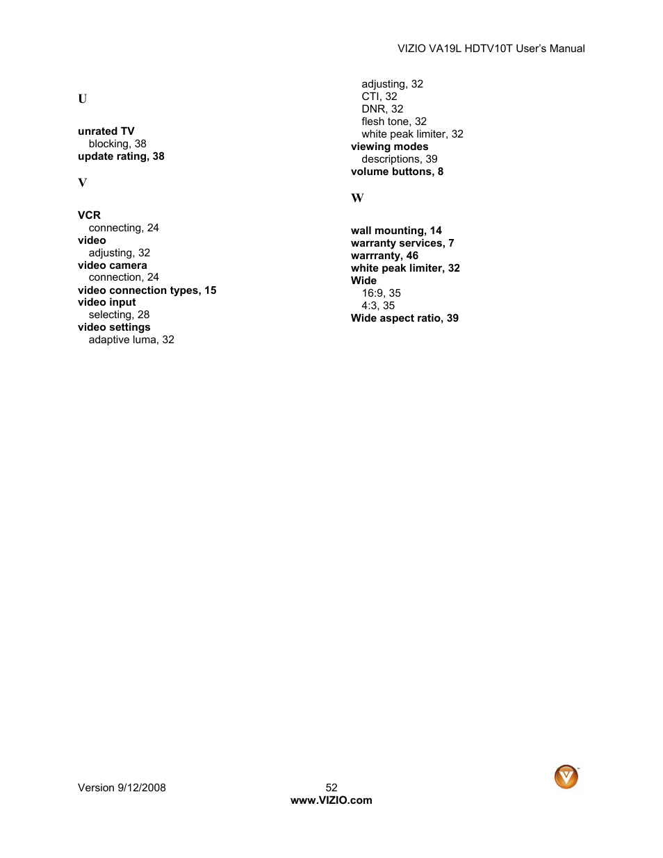 Vizio VA19L HDTV10T User Manual | Page 52 / 52
